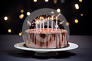 a birthday cake on a white plate with a sparkler on the side