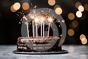 a birthday cake on a white plate with a sparkler on the side