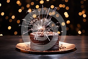 a birthday cake on a white plate with a sparkler on the side