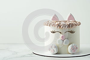 Birthday cake wth white cream cheese frosting decorated with mastic cat ears, paws and face. Surprise cake for a little girl on