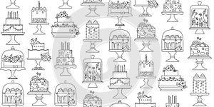 Birthday cakes celebration desserts doodle seamless pattern party cupcake bakery boundless texture