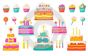 Birthday cakes. Party celebration cupcake with candles and invitation, colorful and chocolate flat cakes. Vector set photo