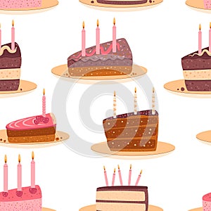 Birthday cakes seamless pattern. Celebration sweet bakery piece. Holiday pastry dessert background. Vector festive flat repeat