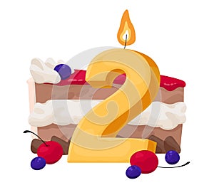 Birthday candle 2 years with party cake composition. Second bday anniversary. Wax figure with two age symbol. Festive