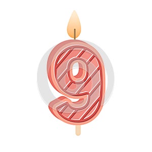 Birthday candle of 9 number shape for bday celebration. Glowing wax candlelight with flame for nine age party cake for