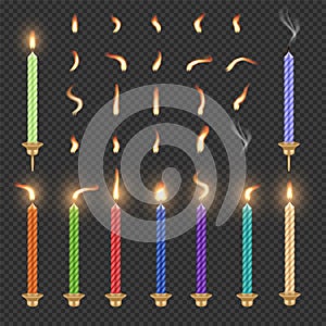 Birthday candle and flame set, vector isolated illustration