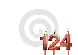 Birthday candle number 124 on white background