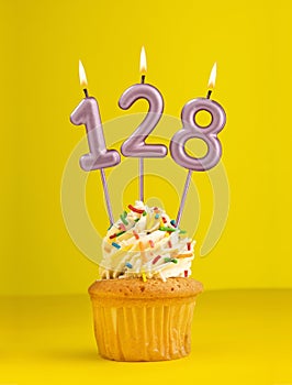 Birthday candle number 128 - Invitation card with yellow background