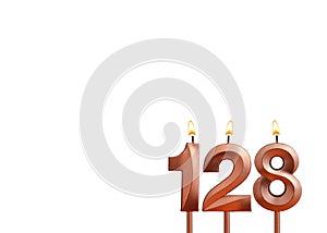 Birthday candle number 128 on white background
