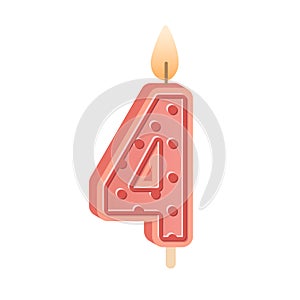 Birthday candle of number 4 shape for 4th anniversary. Wax figure with candlelight with flame for holiday cake for