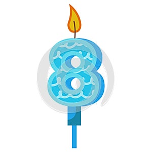 Birthday candles with numbers eight and fire. Colored icon for anniversary or party celebration. Holiday candlelight with wax and