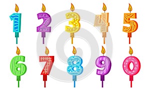 Birthday candles with numbers and fire. Set colored icons for anniversary or party celebration. Holiday candlelight with wax and