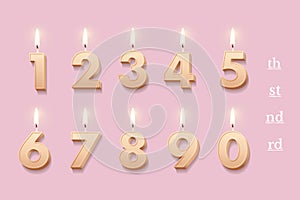 Birthday candles set for anniversary cake, 3D burning beige wax numbers with fire