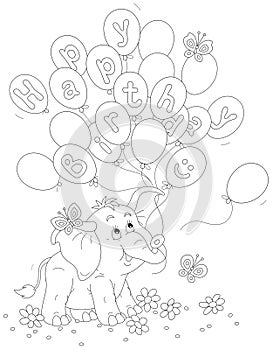 Birthday card with a baby elephant and holiday balloons