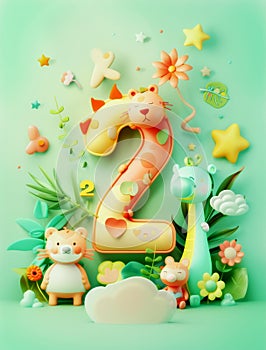 Birthday card for a baby, two years old, greetings, in 3D style