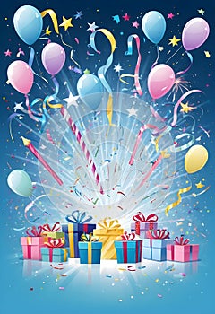 a birthday card with a birthday gift boxes, balloons, confetti and fireworks