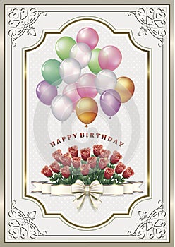 Birthday card with a bouquet of roses and balloons