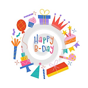 Birthday card with cake, candle, whistle. Template for greeting card, happy birthday lettering, vector arrangement with