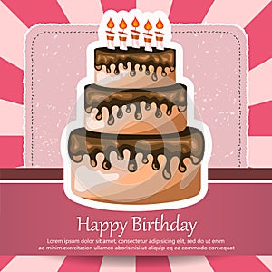 Birthday card with cake. Concept for birthdays, Valentine`s Day, weddings. Flat illustration