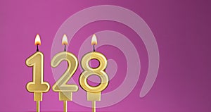 Birthday card with candle number 128 - purple background