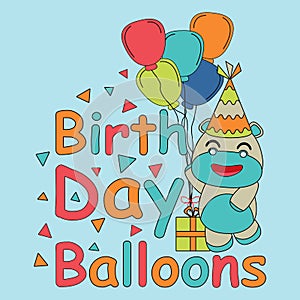 Birthday card cartoon with cute baby hippo brings balloons on blue background suitable for children birthday postcard