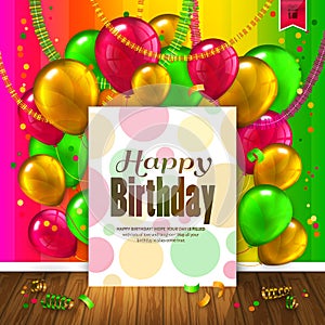 Birthday card. Colorful balloons, confetti, wooden