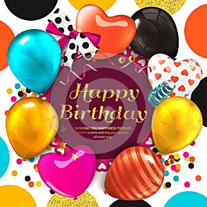 Birthday card with colorful balloons and golden glittering text. Ribbon with bow, confetti, stars, on dotted colorful