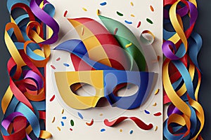 Birthday card with colorful curling ribbons, carnival mask