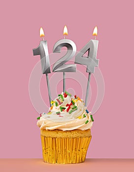 Birthday card with cupcake and candle number 124