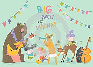 Birthday card with cute animals and kids playing the musical instruments