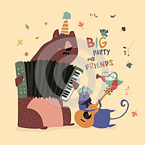 Birthday card with cute animals playing the musical instruments