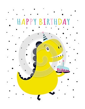 Birthday card with cute dinosaur, vector illustration