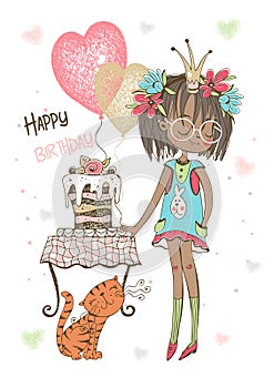 Birthday card with cute girl with cake and balloons. Vector.