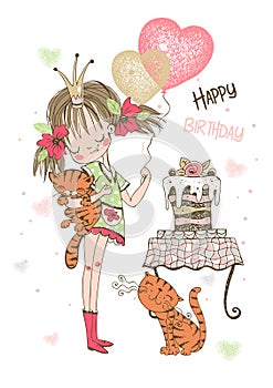 Birthday card with cute girl with cake and balloons. Vector.