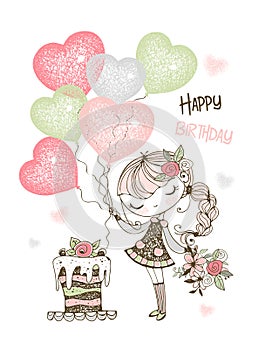 Birthday card with cute girl with cake and balloons. Vector