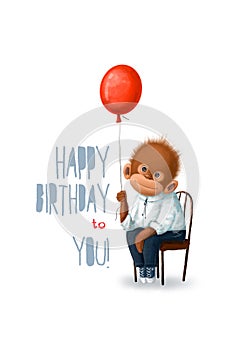 birthday card with cute monkey and balloon, watercolor holiday illustration with cartoon character