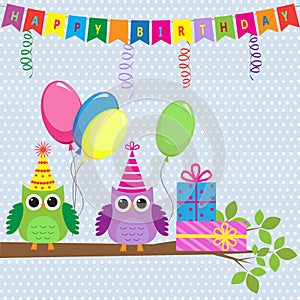 Birthday card with cute owls