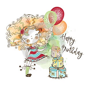 Birthday card with a cute red-haired girl with balloons and gifts, in the technique of watercolor and Doodle style