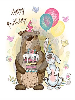 A birthday card. Cute teddy bear and bunny with balloons and cake. Vector.