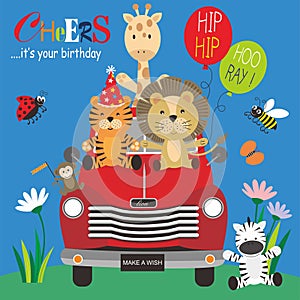 Birthday card design with animals on the car