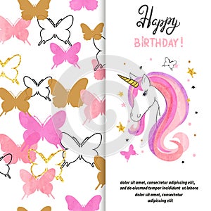 Birthday card design with beautiful unicorn for little girl