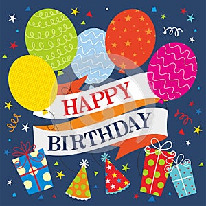 Birthday card design with colorful balloons, gifts and hats