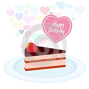 Birthday Card design Sweet cake decorated with fresh Strawberry, pink cream and chocolate icing, piece of cake on the blue plate,