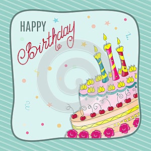Birthday card with doodle cake, three candles into frame