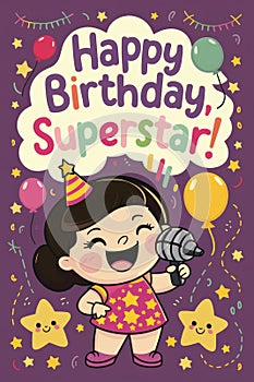 Birthday Card Featuring Girl Singing Into Microphone