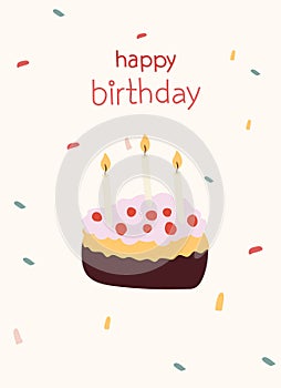 Birthday card with festive cake, confetti around. Illustration for a postcard or invitation. Concept of celebration