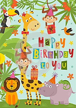 Birthday card with funny jungle animals