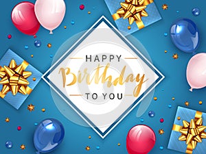 Birthday Card with Gifts and Balloons on Blue Background