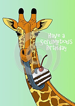 Birthday card giraffe with tongue wrapped around cake