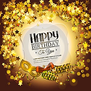 Birthday card with golden stars, colorful curling